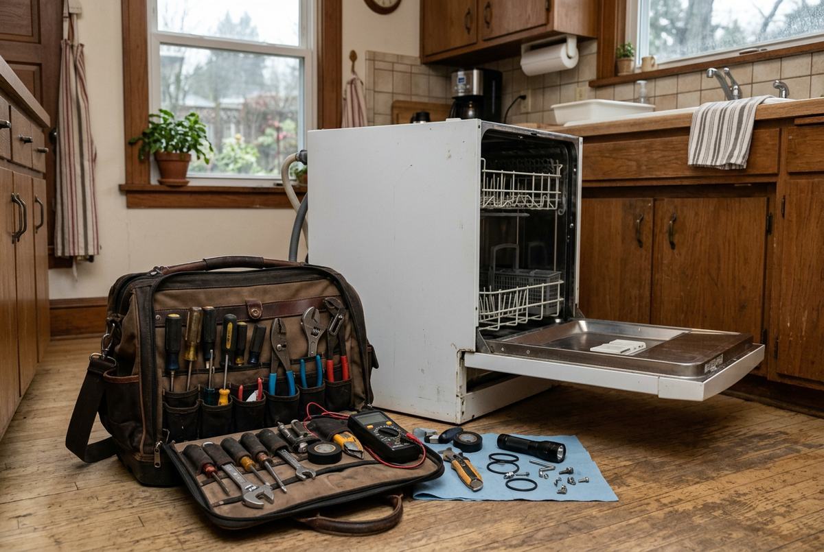 Appliance repair technician at work